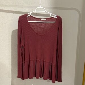 Women's V-Neck Long Sleeve Waffle Knit Top - Burgundy